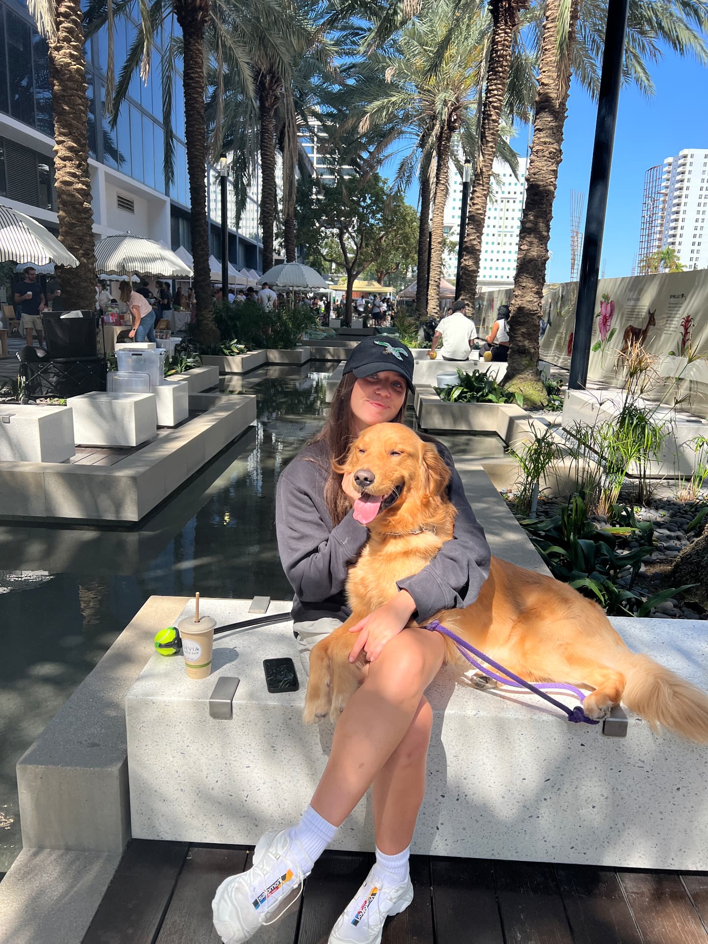 A woman with her golden retriever relaxing in a sunny Miami plaza lined with palm trees