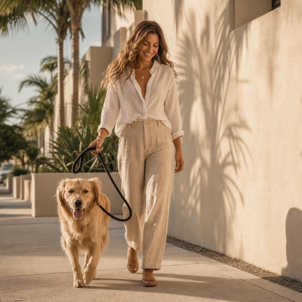 Sofia, a Privé Pup primary dog walker, with a golden retriever on a Miami sidewalk